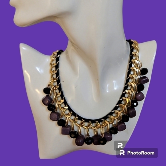 VTG Woven Ribbon Chain Glass Gemstone Bead Bauble Baddie Statement Necklace - Picture 1 of 7